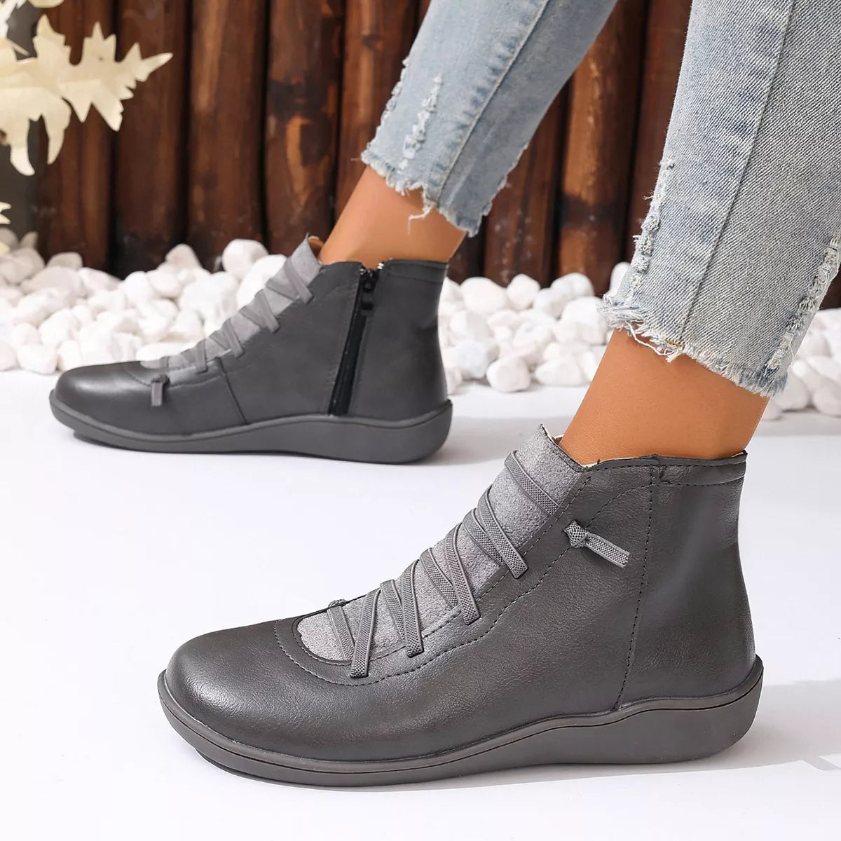 Lace-Up Faux Leather Ankle Boots - Lilixa.store