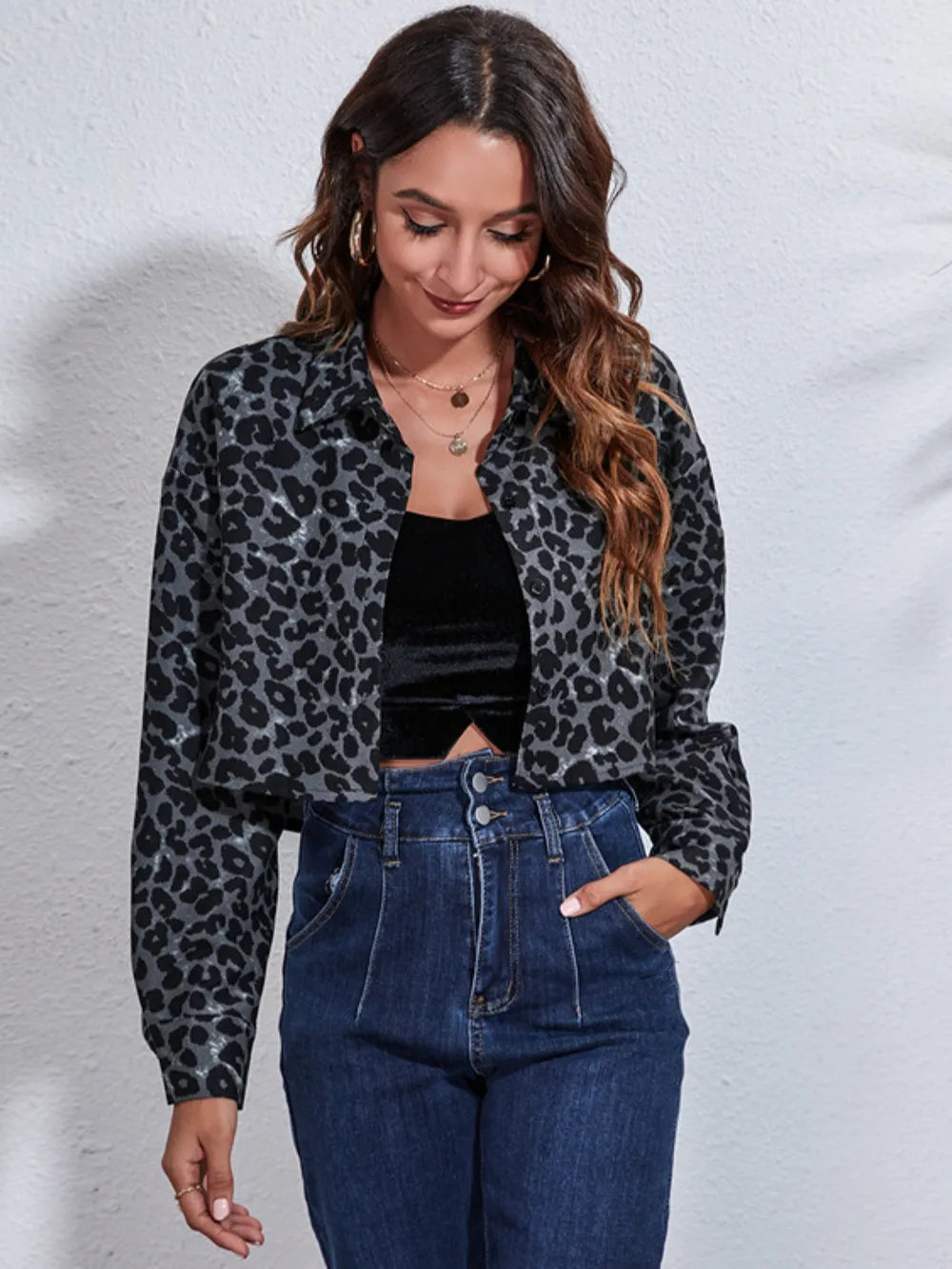 Button Down Printed Cropped Jacket in Gray black leopard