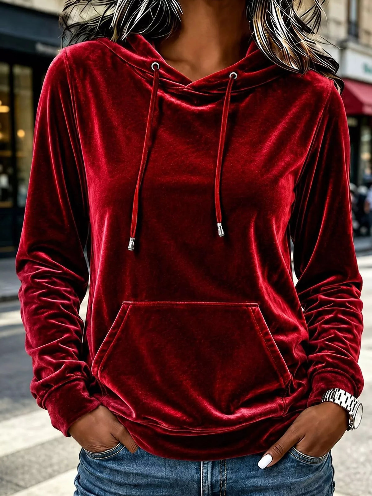 Full Size Velvet Kangaroo Pocket Hoodie Plus Size