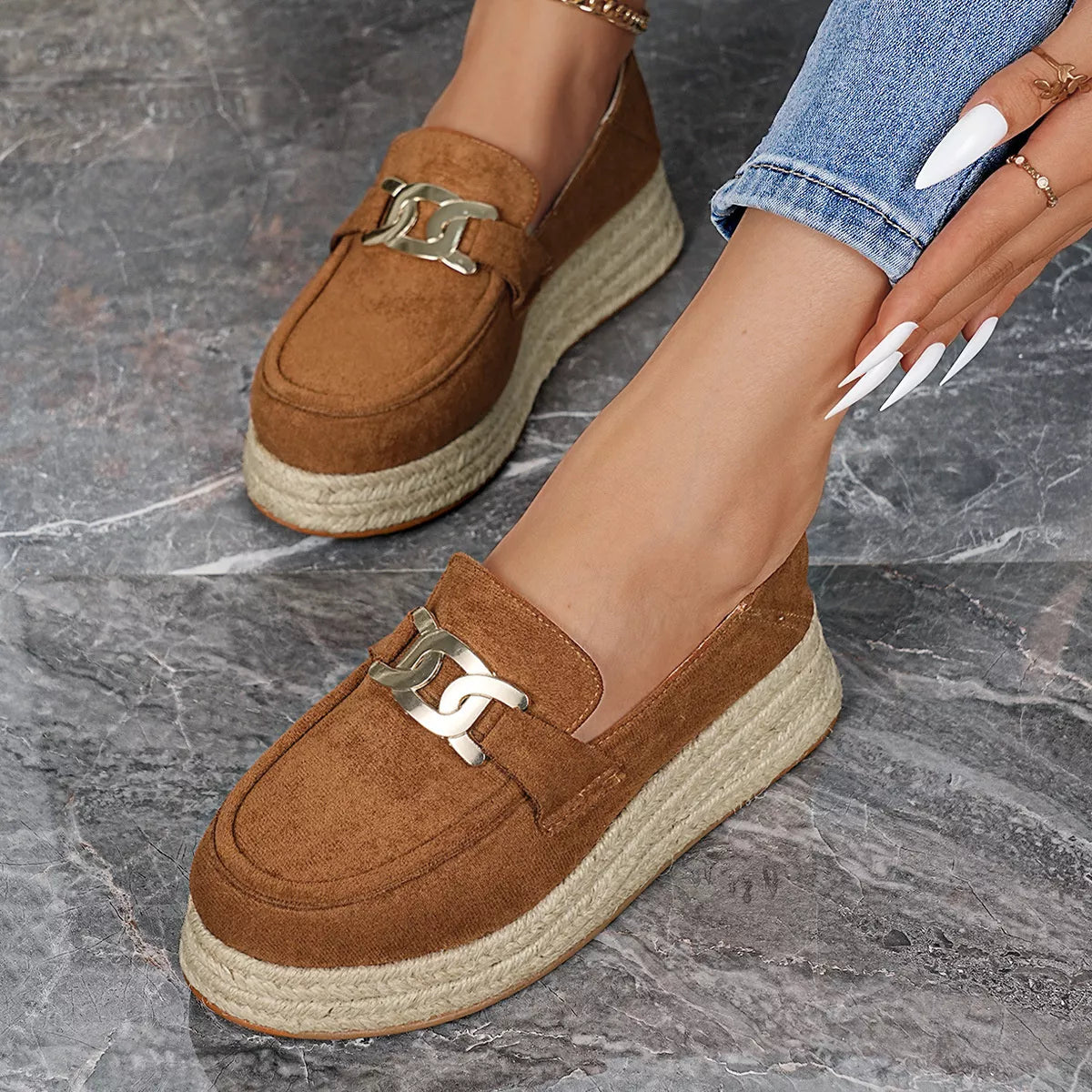 Round Toe Platform Slip-Ons in Brown