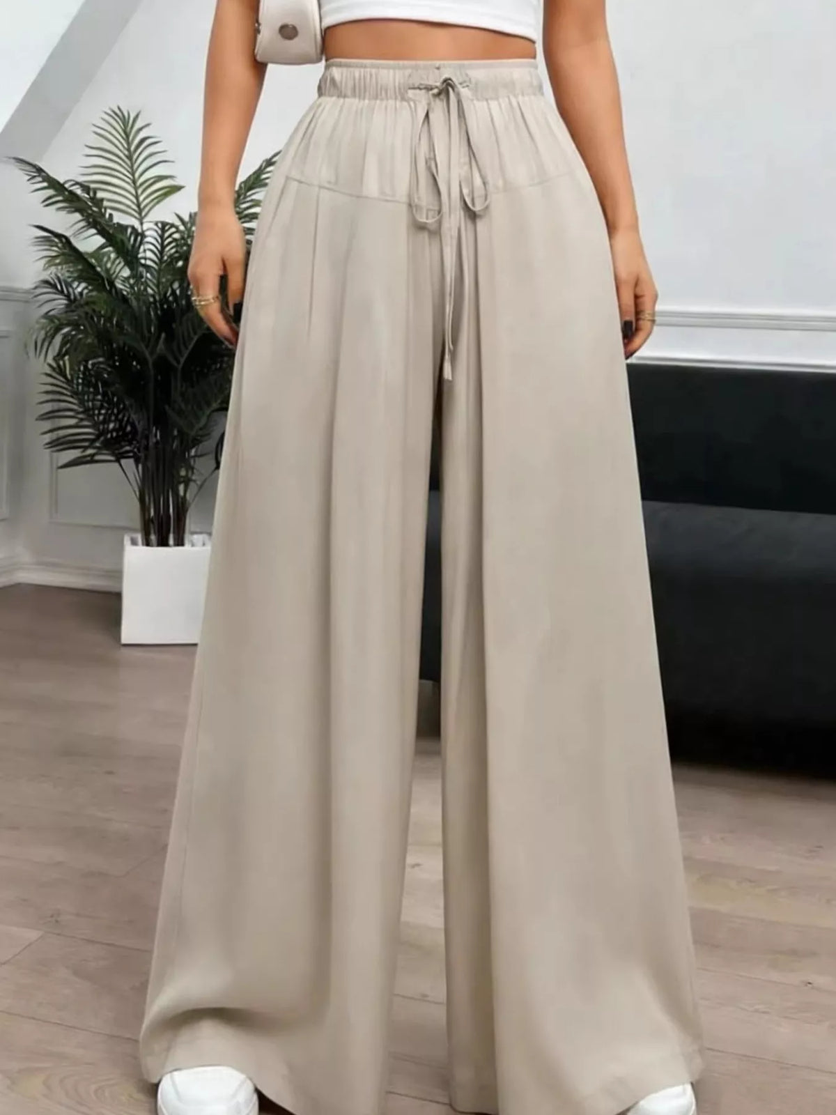 Wide-Leg Drawstring Casual Pants in Apricot, view 3