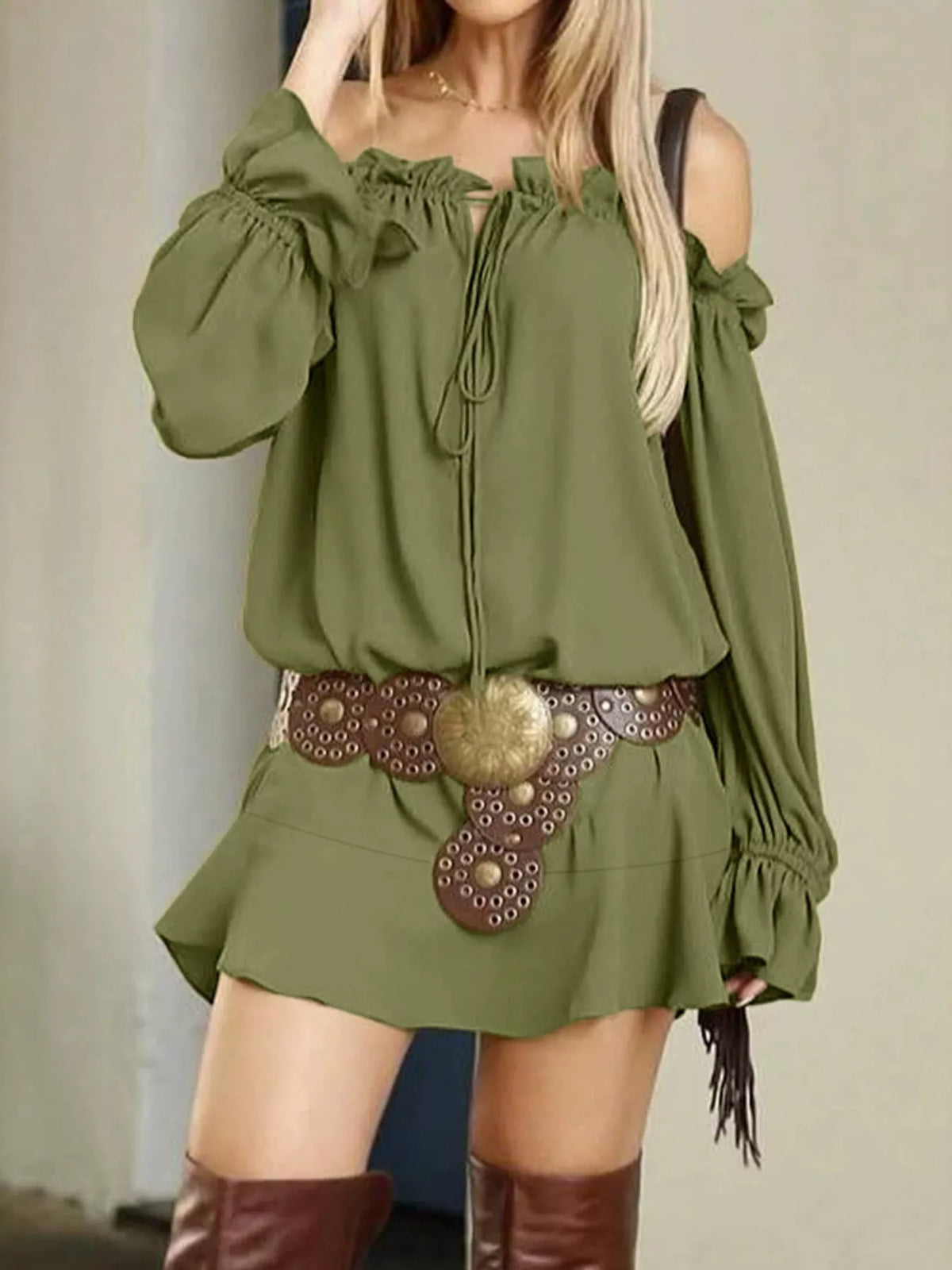Off-Shoulder Long Sleeve Ruffle Mini Dress - Lilixa.store