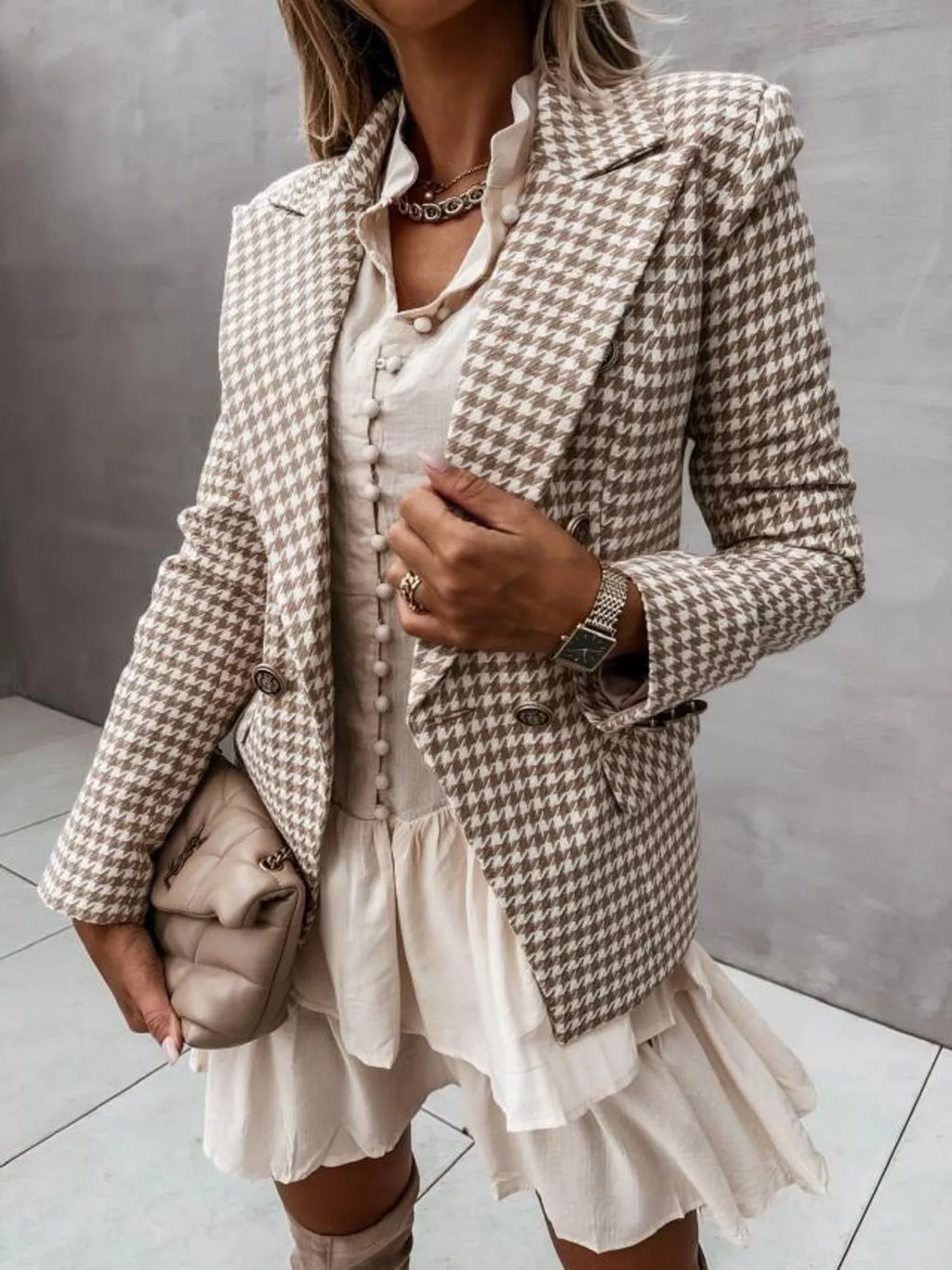Houndstooth Double-Breasted Blazer - Lilixa.store