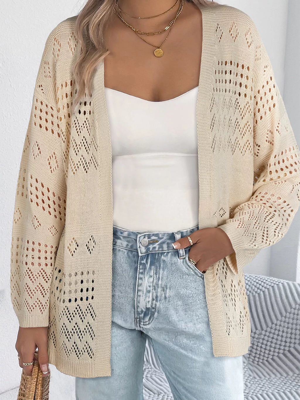 Hollowed Knit Open Front Cardigan - Lilixa.store