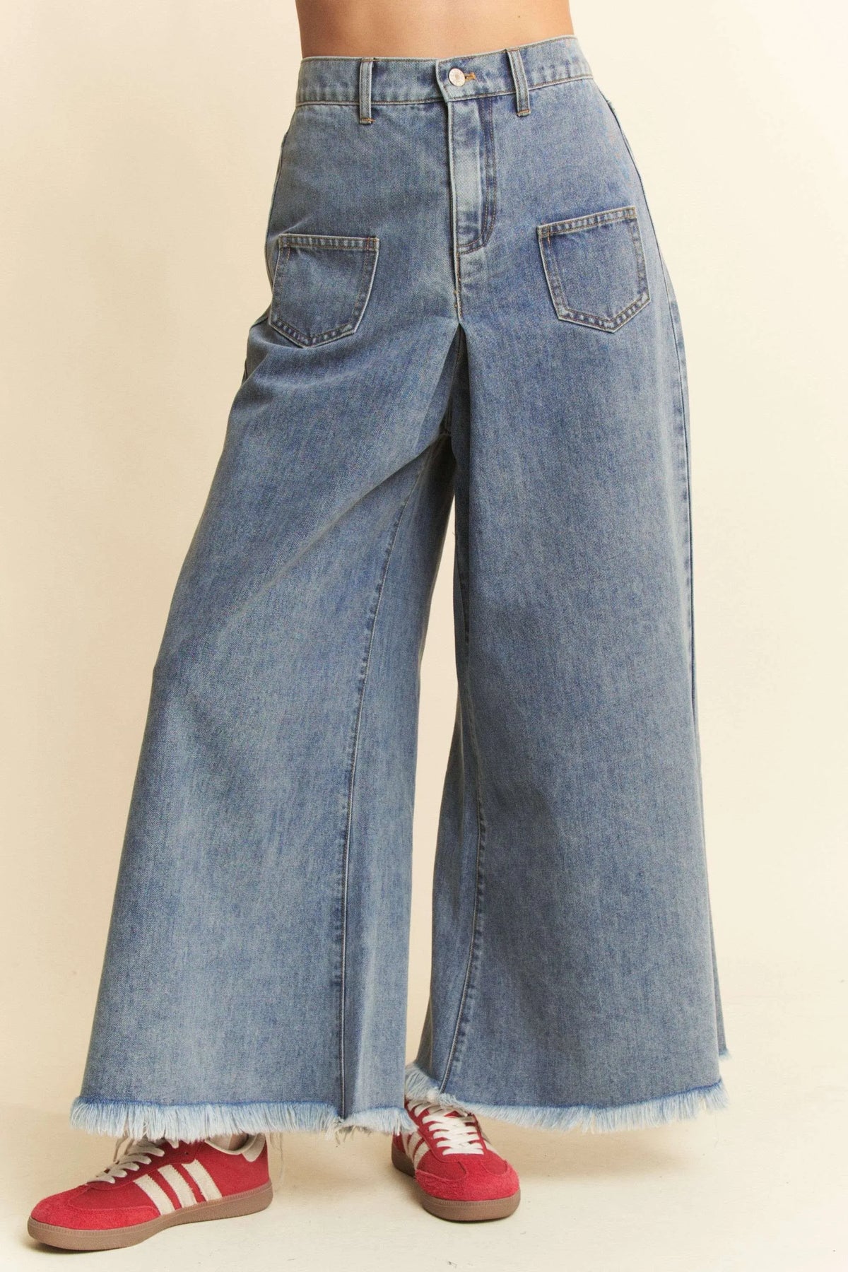 Davi & Dani Patch Pocket Wide Leg Culotte Jeans - Lilixa.store