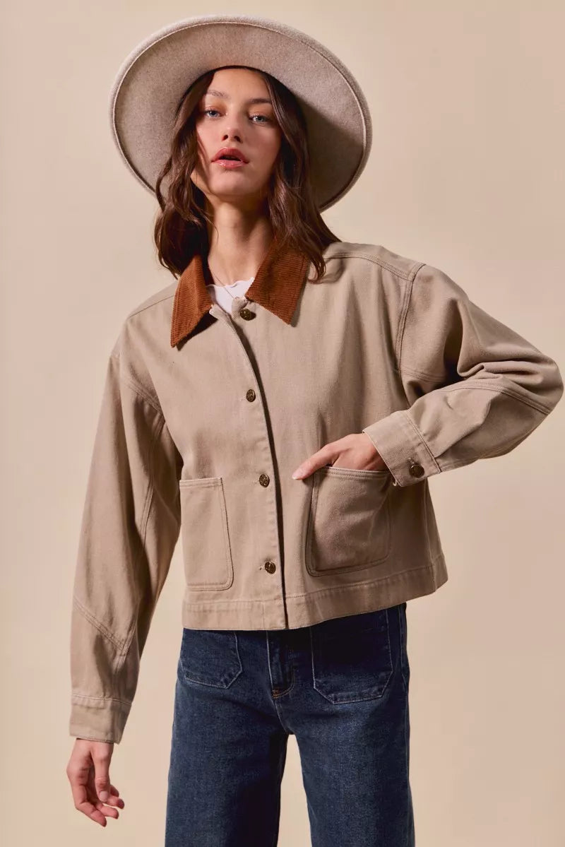 SO ME Cotton Twill Cropped Barn Jacket wtih Collar in Taupe