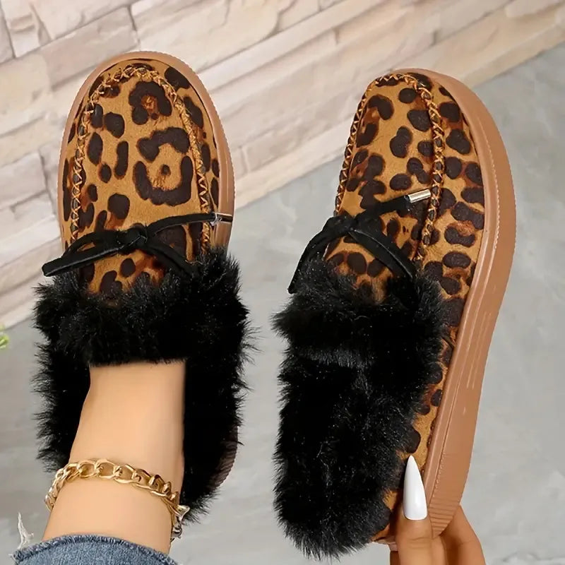 Bow Furry Round Toe Flat Slip-Ons in Leopard