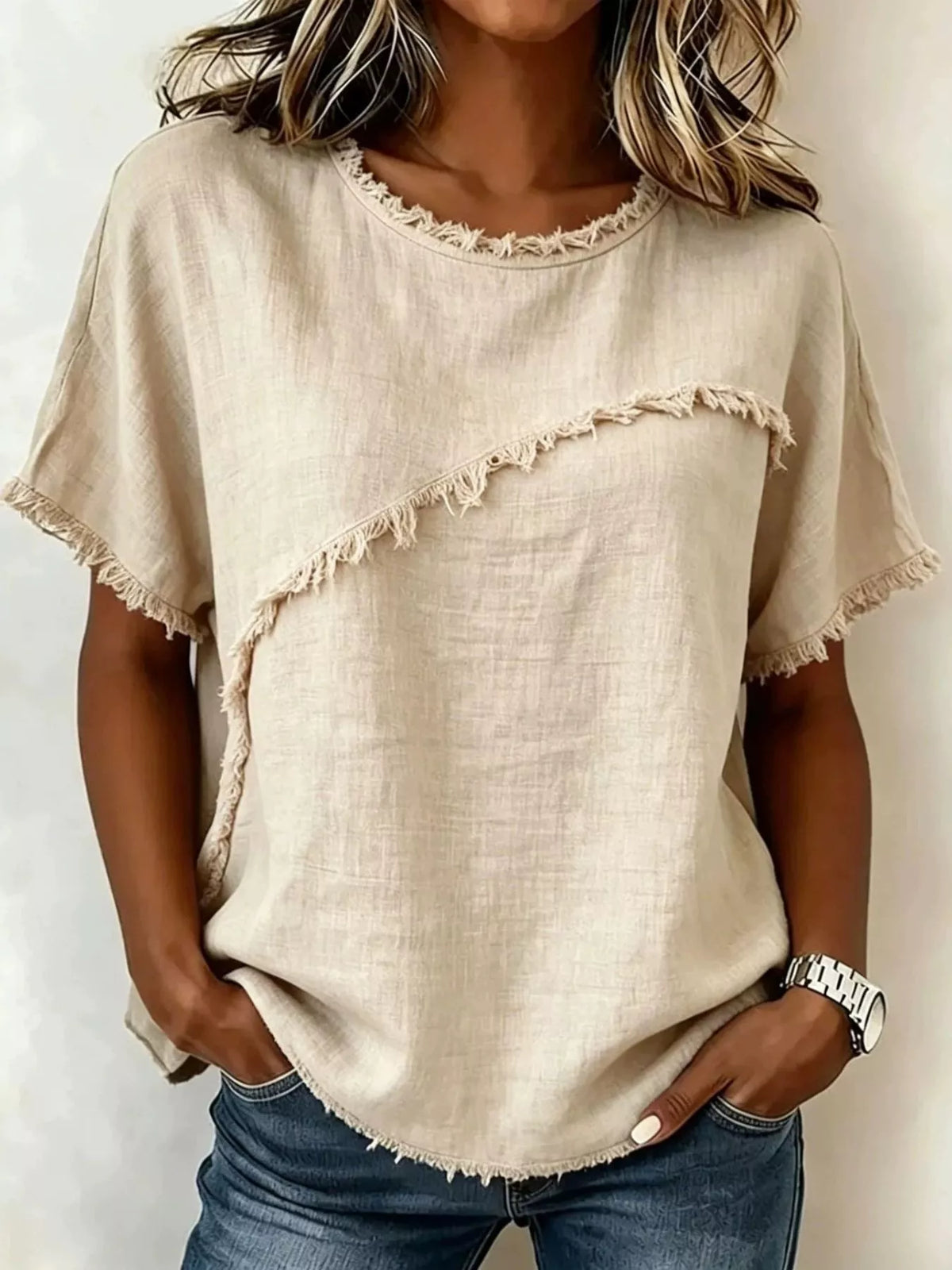 Full Size Frayed Hem Short Sleeve Top Plus Size - Lilixa.store