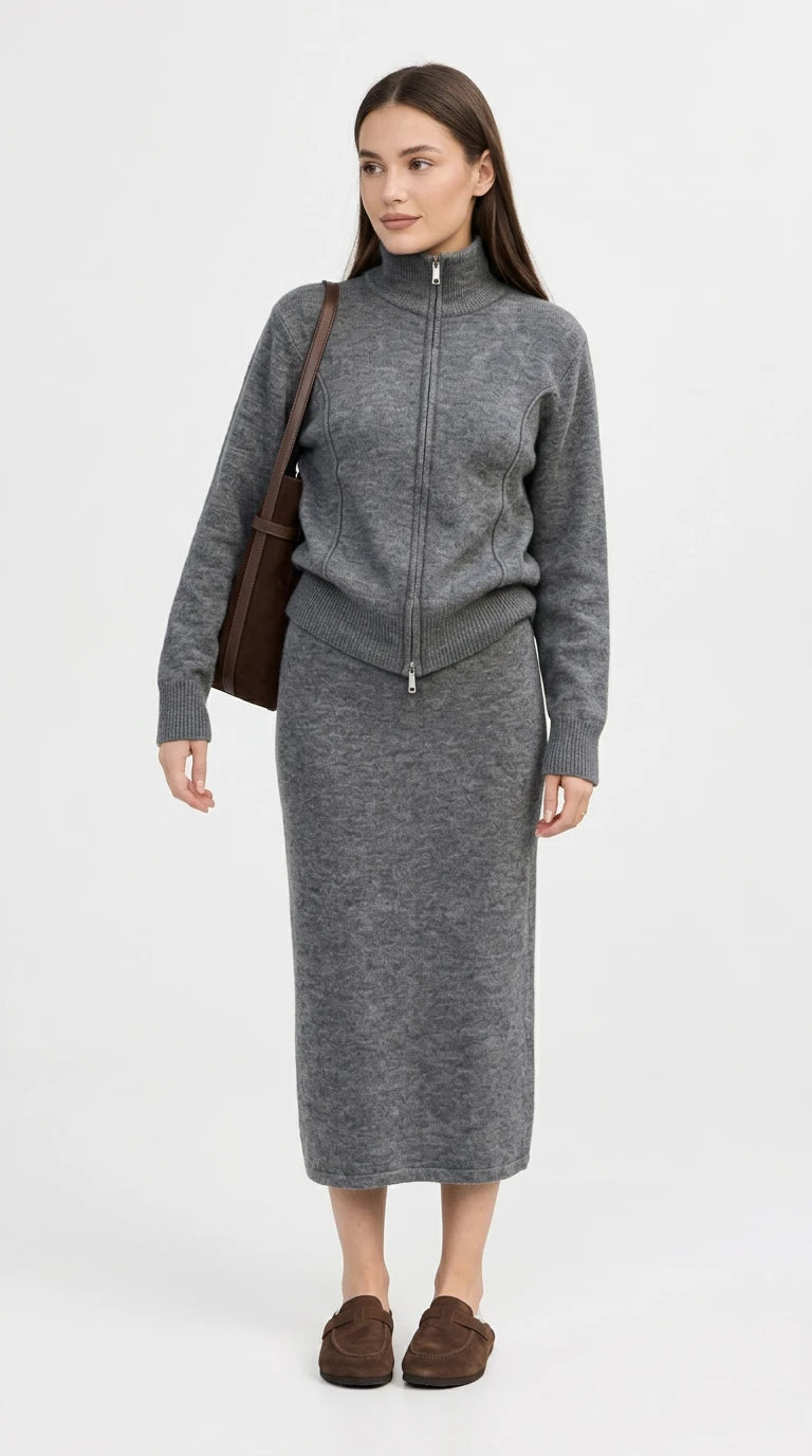 Zip-Up Mock Neck Cardigan and Matching Midi Skirt Sweater Set in Dark Gray