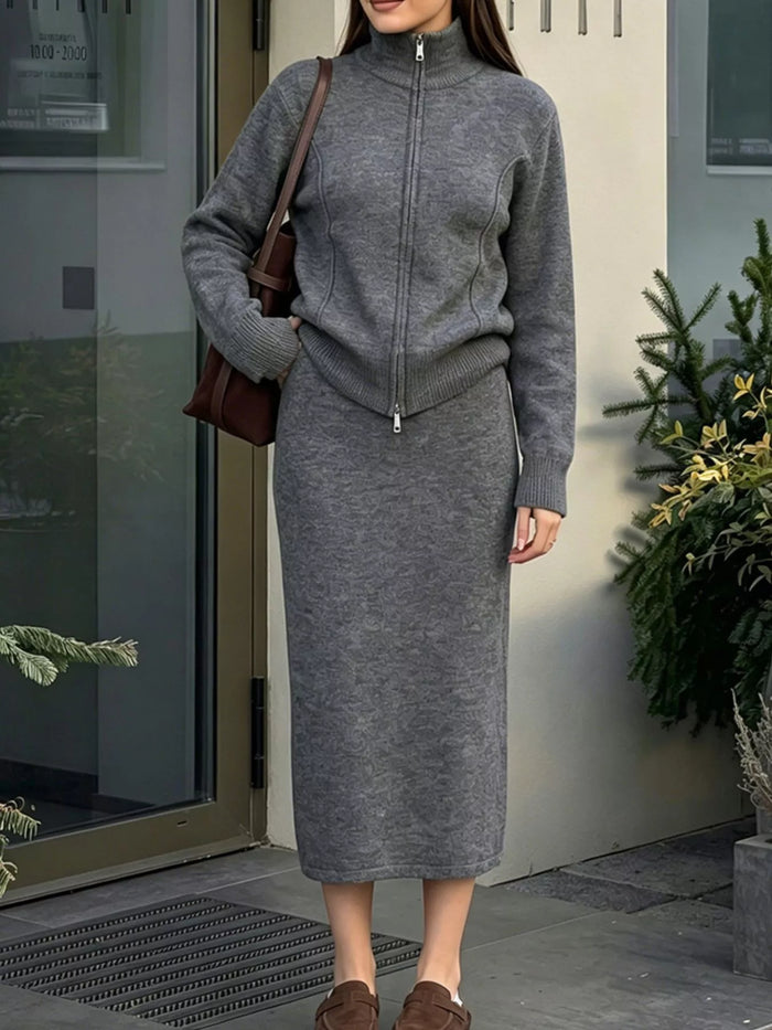 Zip-Up Mock Neck Cardigan and Matching Midi Skirt Sweater Set in Dark Gray