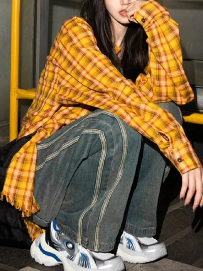 Plaid Frayed Hem Button Up Shirt in Yellow