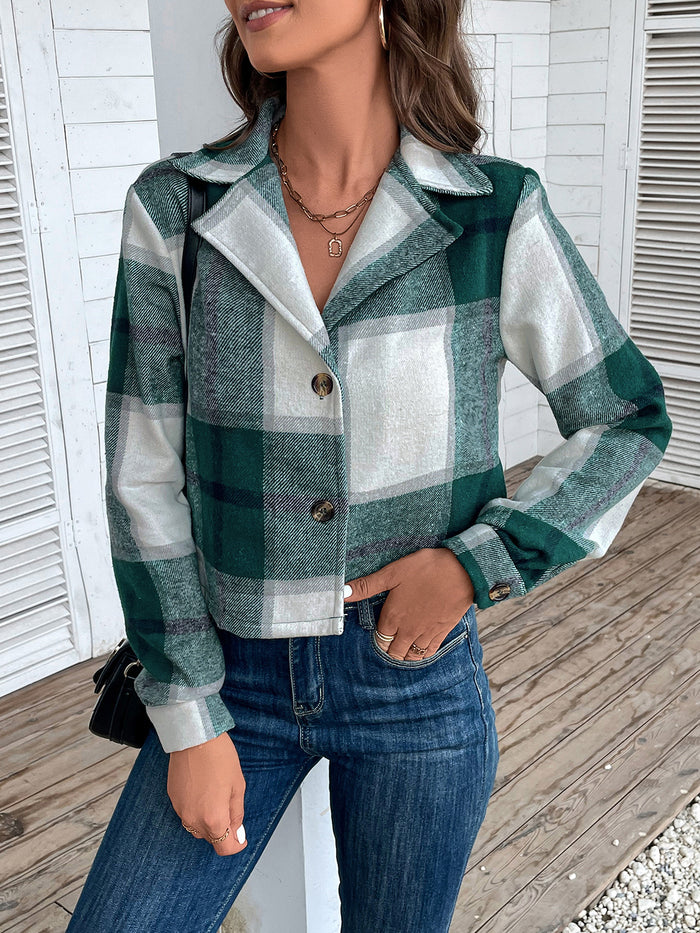 Perfee Plaid Collared Neck Button Up Long Sleeve Jacket in Green