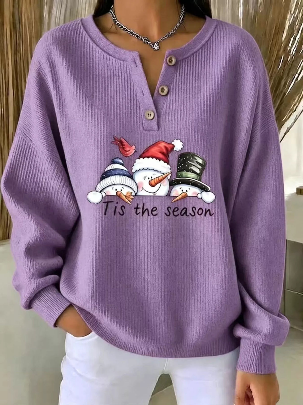 Full Size Christmas Themed Snowman Graphic Ribbed Henley Sweatshirt Plus Size in Mauve