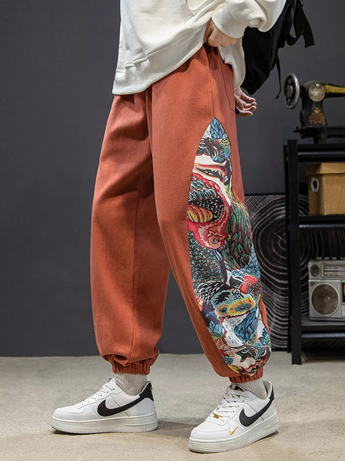 Men's Plus Size Printed Side Panel Joggers in Orange Red