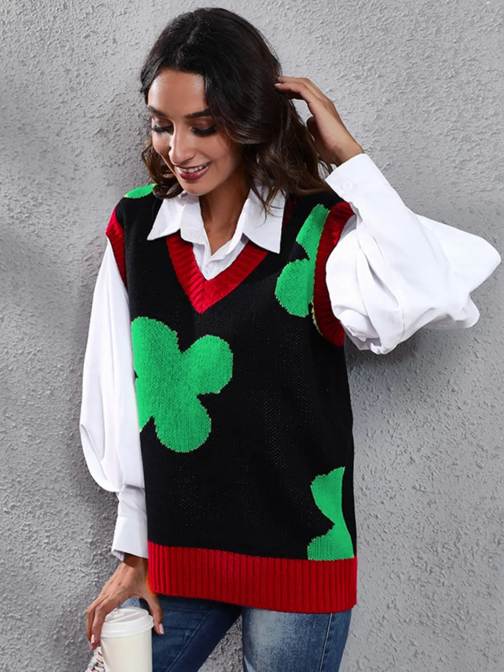 Four Leaf Clover V-Neck Sweater Vest in Black, view 5