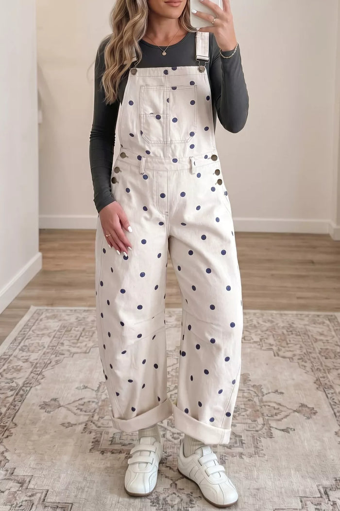 Polka Dot Print Bib Pocket Denim Barrel Overalls Jumpsuit - Lilixa.store