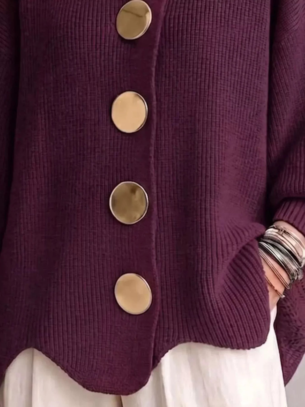 Full Size Gold Buttons Lantern Sleeve Cardigan Plus Size - Lilixa.store