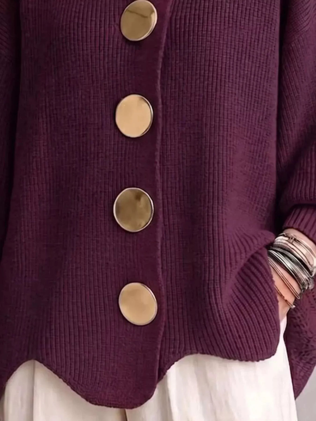 Full Size Gold Buttons Lantern Sleeve Cardigan Plus Size - Lilixa.store