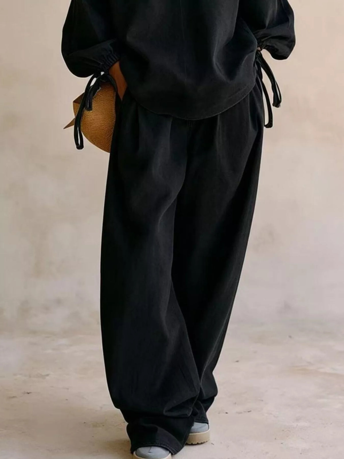 Relaxed Fit Drawstring Sleeve Detail Top and Pants Denim Set in Black