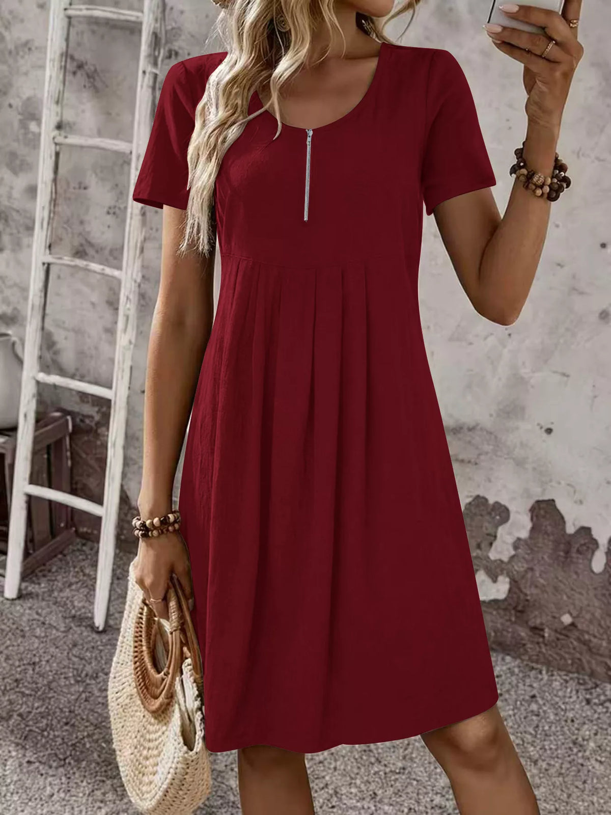 Zipper-Front Short Sleeve A-Line Dress - Lilixa.store
