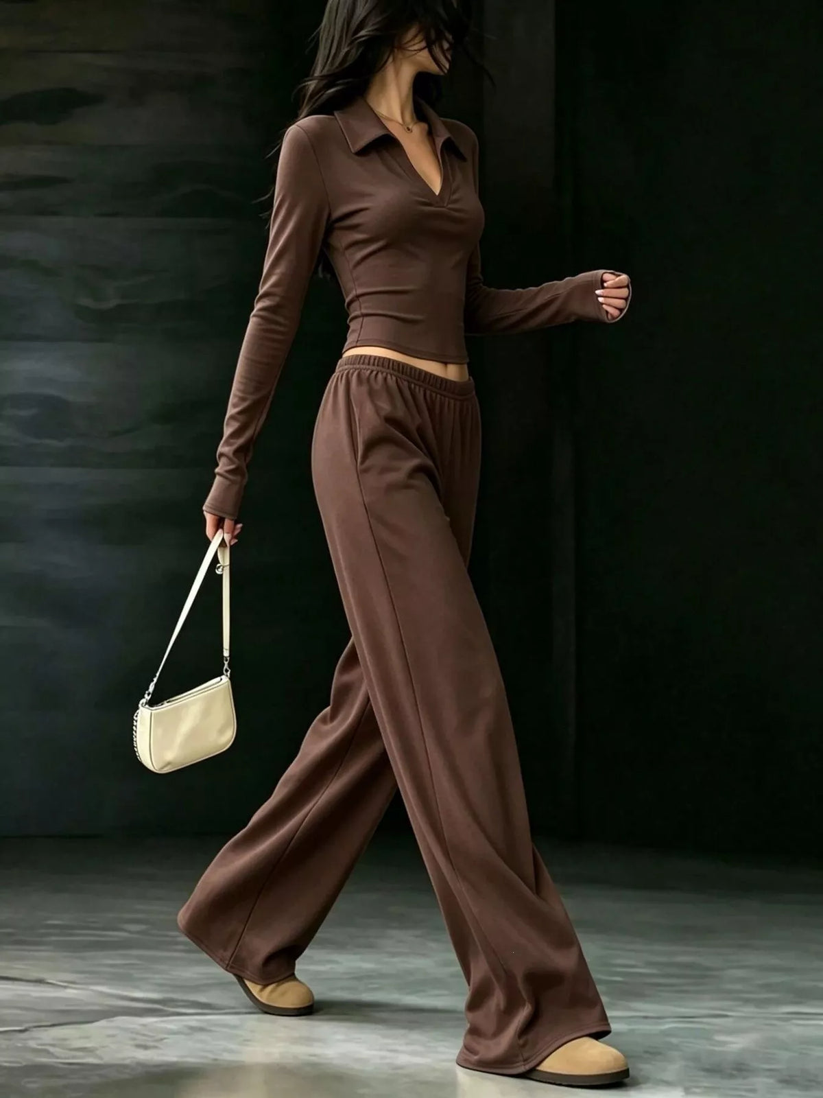 Solid Color Long Sleeve Polo Collar Top and Wide Leg Pants Set - Lilixa.store