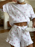 Ribbed Knit Bow Print Top and Shorts Lounge Set - Lilixa.store