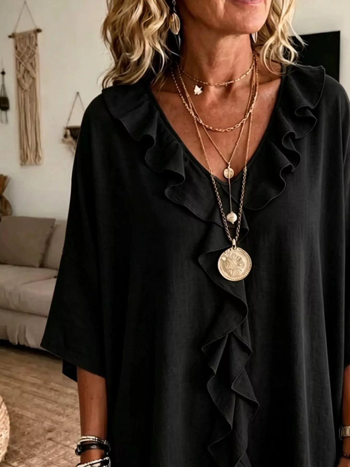 Full Size Ruffle V-Neck 3/4 Sleeve Blouse Plus Size - Lilixa.store