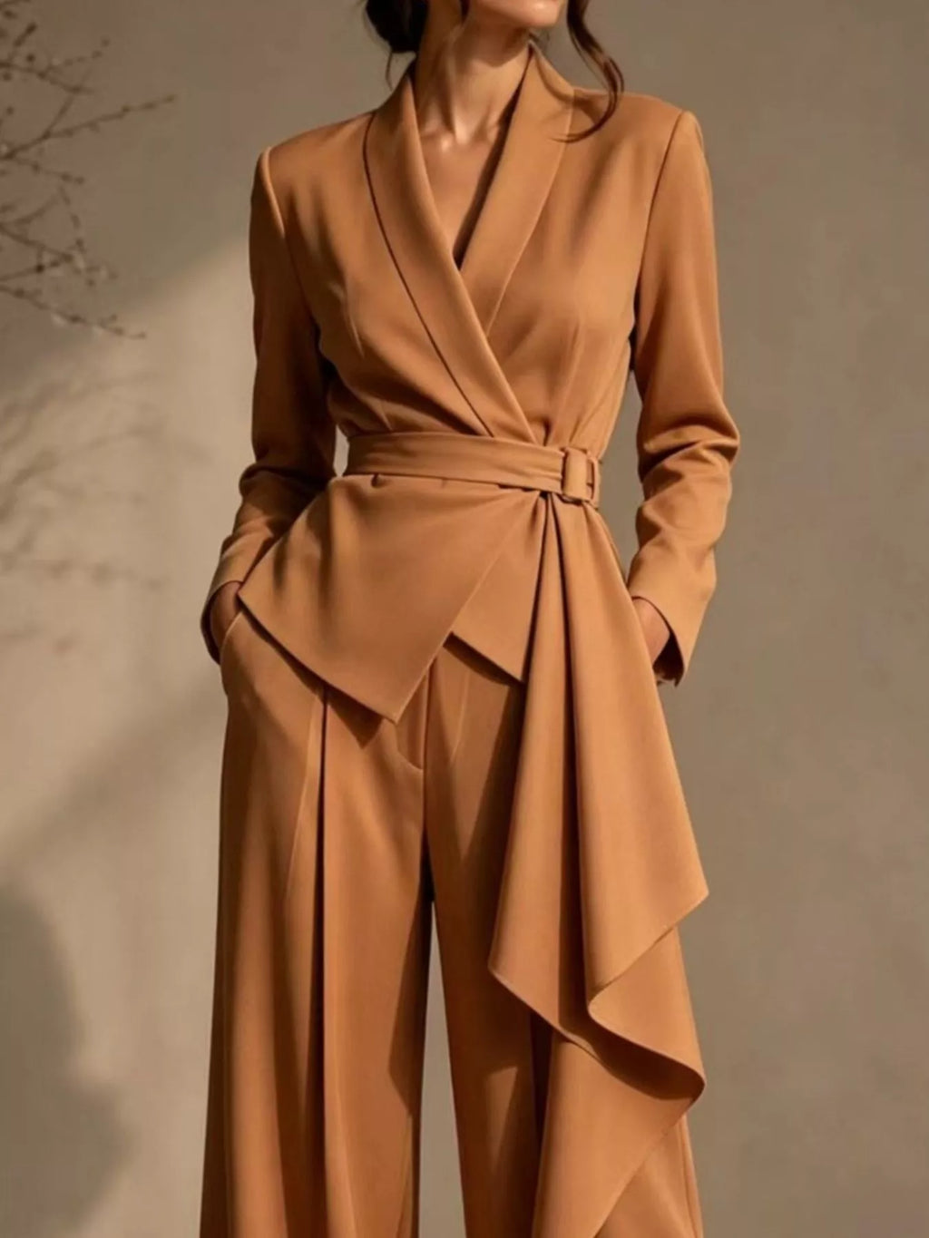 Full Size Belted Blazer and Wide-Leg Pants Set Plus Size - Lilixa.store