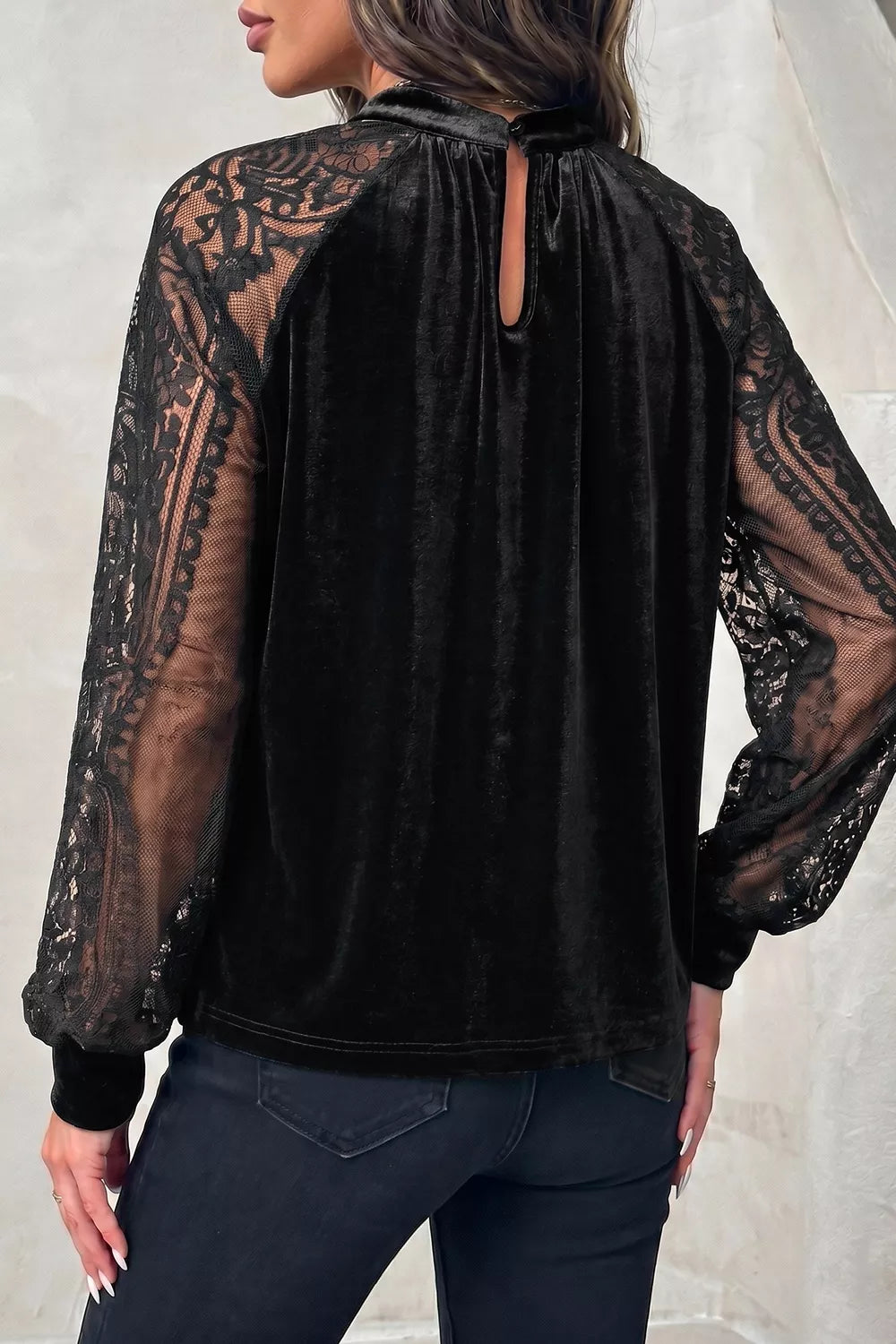 Solid Color Sheer Lace Long Sleeve Patchwork Stand Neck Velvet Blouse - Lilixa.store