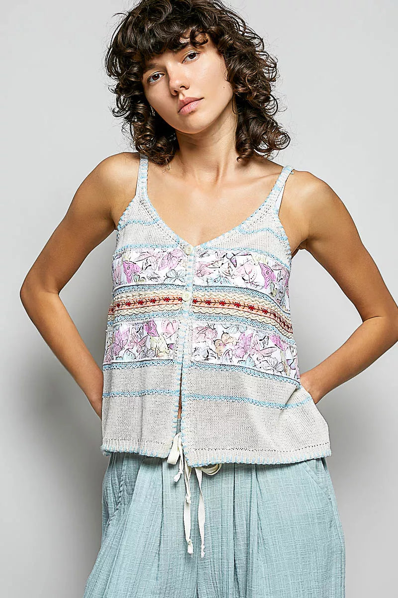POL Printed Contrast Button Down Cami with Trim Detail and Blanket Stitch - Lilixa.store