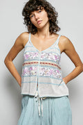 POL Printed Contrast Button Down Cami with Trim Detail and Blanket Stitch - Lilixa.store