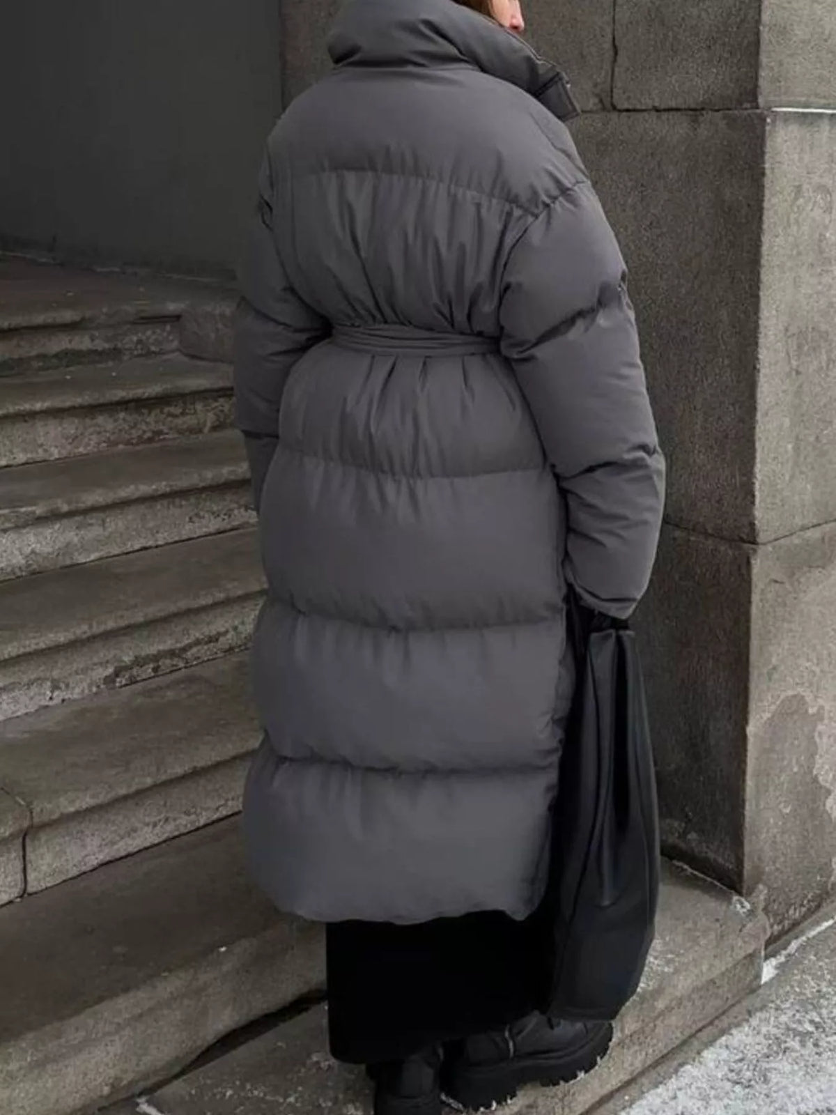 Longline Padded Winter Coat with Belted, view 18