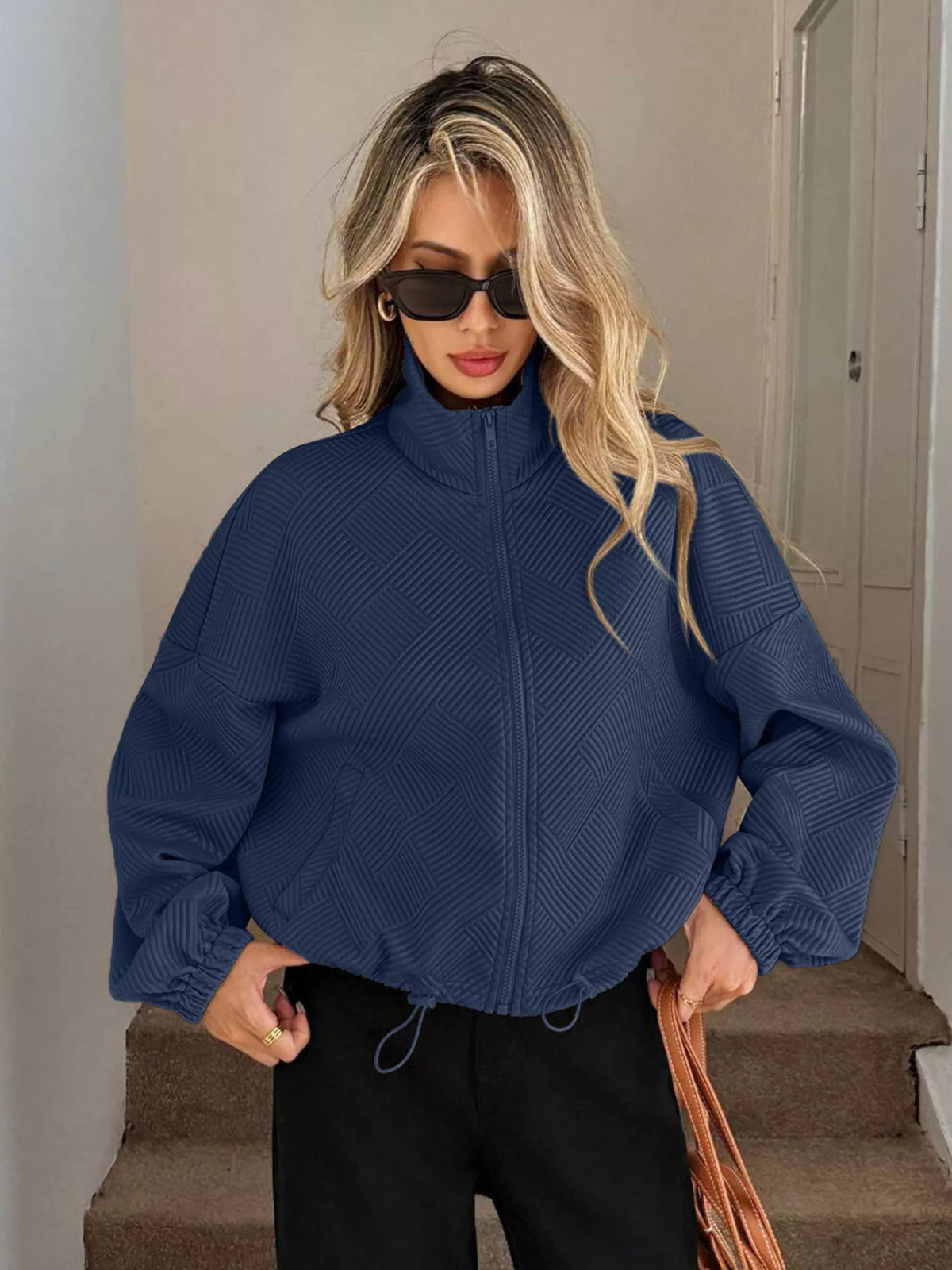 Drawstring Hem Textured Long Sleeve Jacket, view 8
