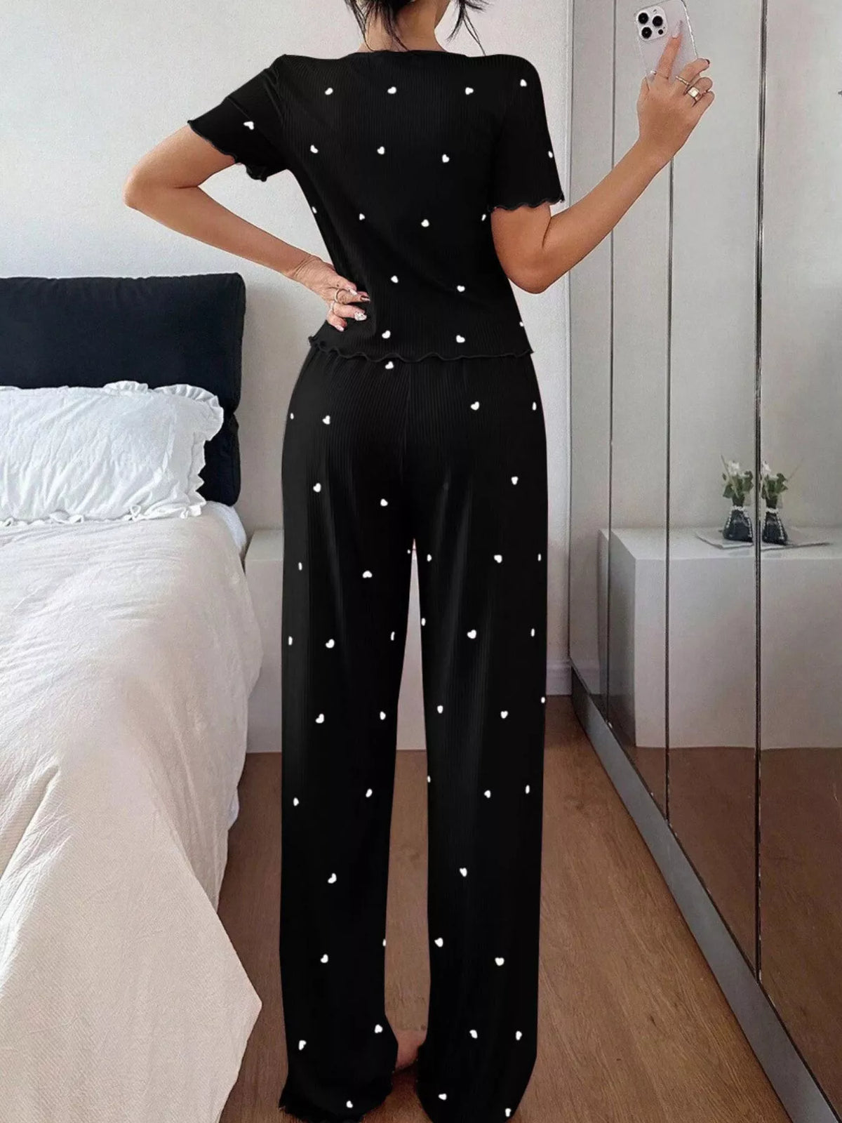 Heart Print Lettuce Trim Top and Pants Loungewear Set