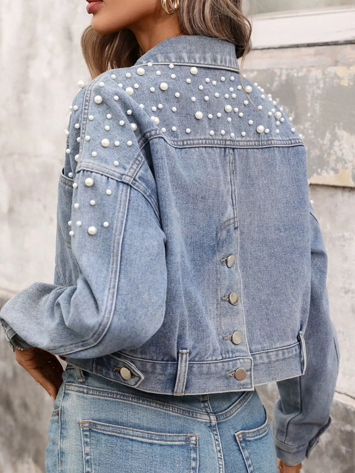 Pearl Embellished Cropped Denim Jacket, view 4