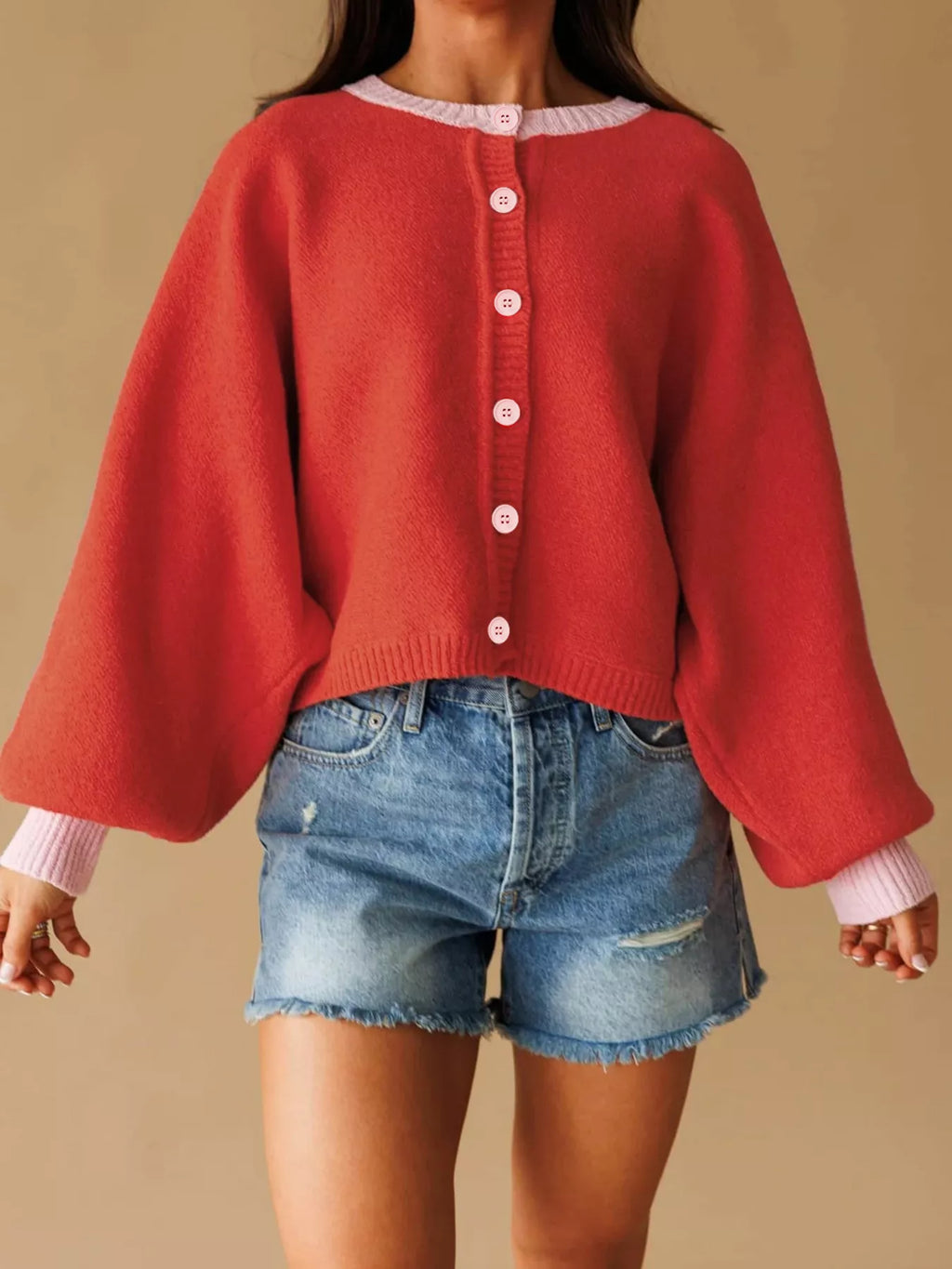 Button-Front Knit Cardigan with Contrast Trim - Lilixa.store