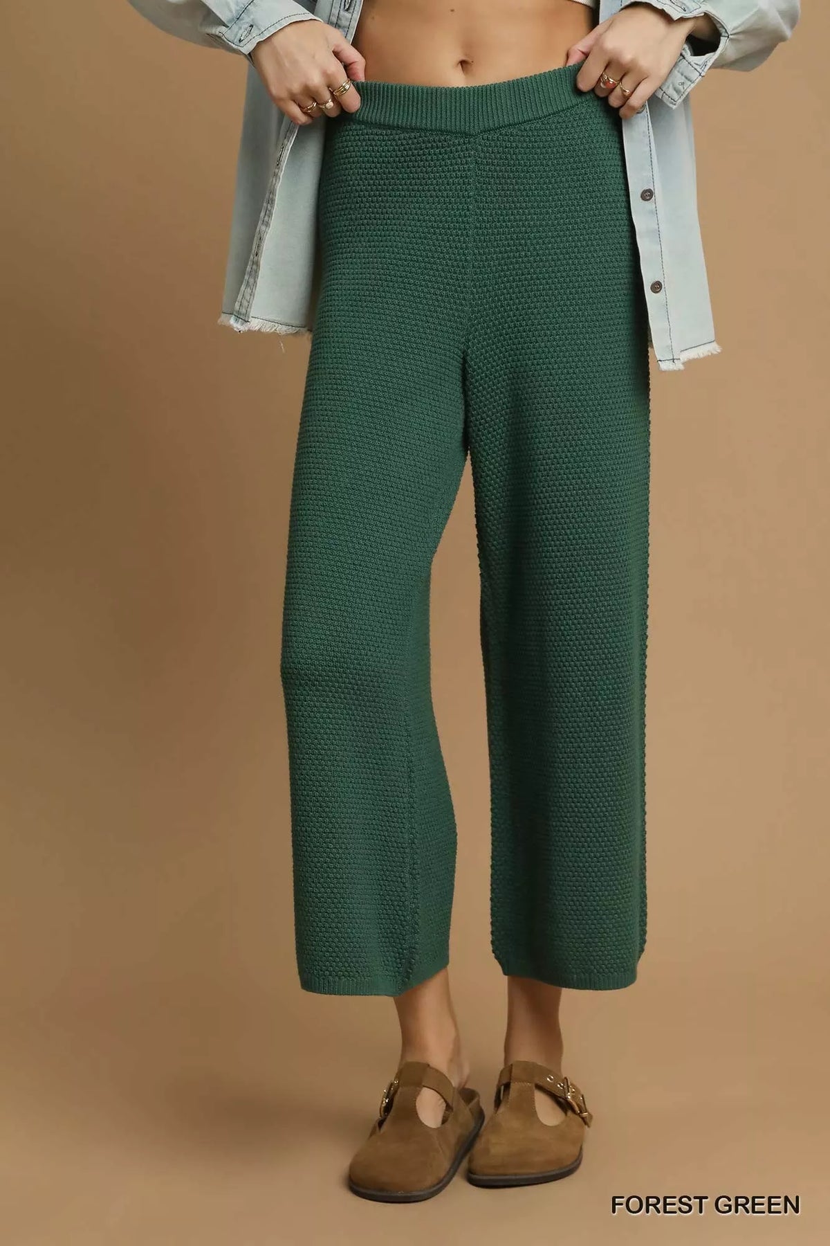 Umgee Textured Knit Wide Leg Pants in Forest Green