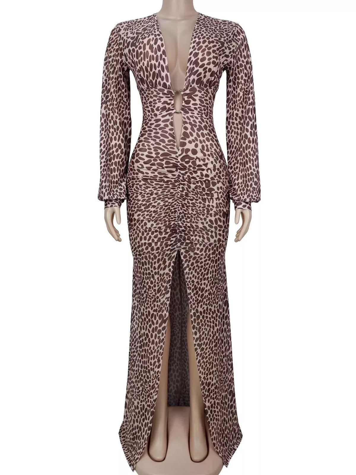Leopard Print Deep V-Neck Long Sleeve High Slit Maxi Dress, view 3