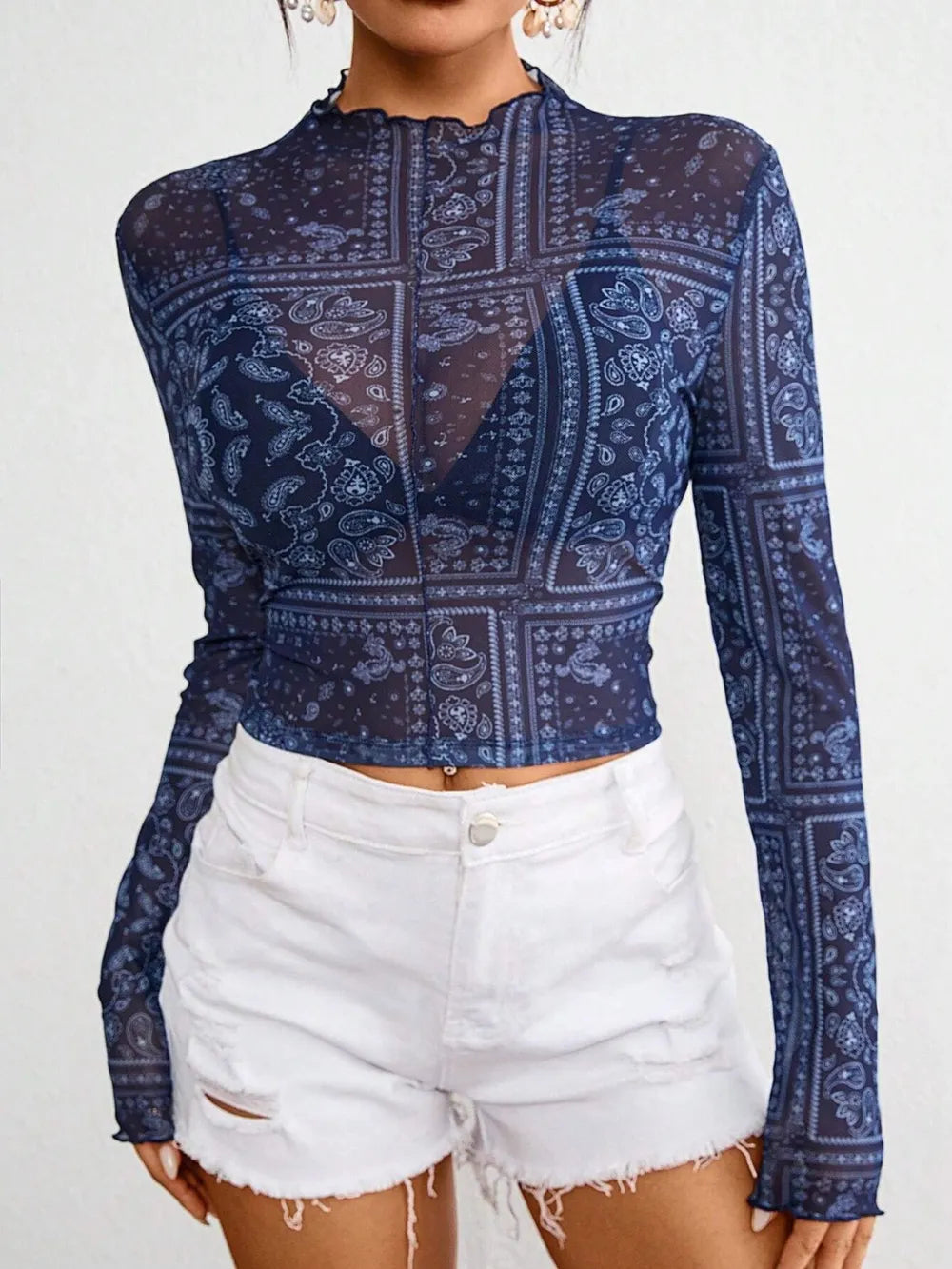 Paisley Mock Neck Long Sleeve Sheer Top - Lilixa.store