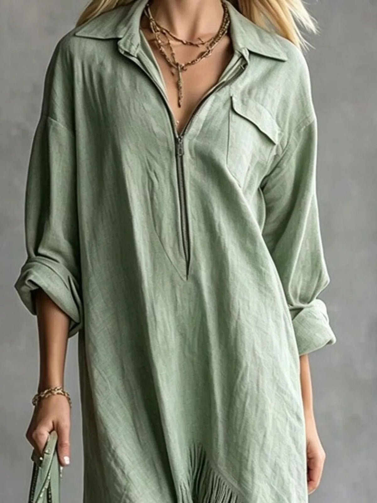 Zipper-Front Fringe Hem Midi Dress