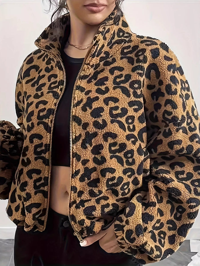 Leopard Fleece Zip-Up Jacket in Khaki