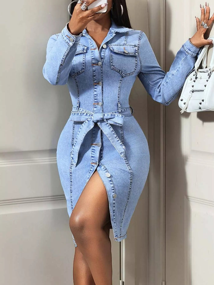 Button-Down Tie Waist Denim Dress - Lilixa.store