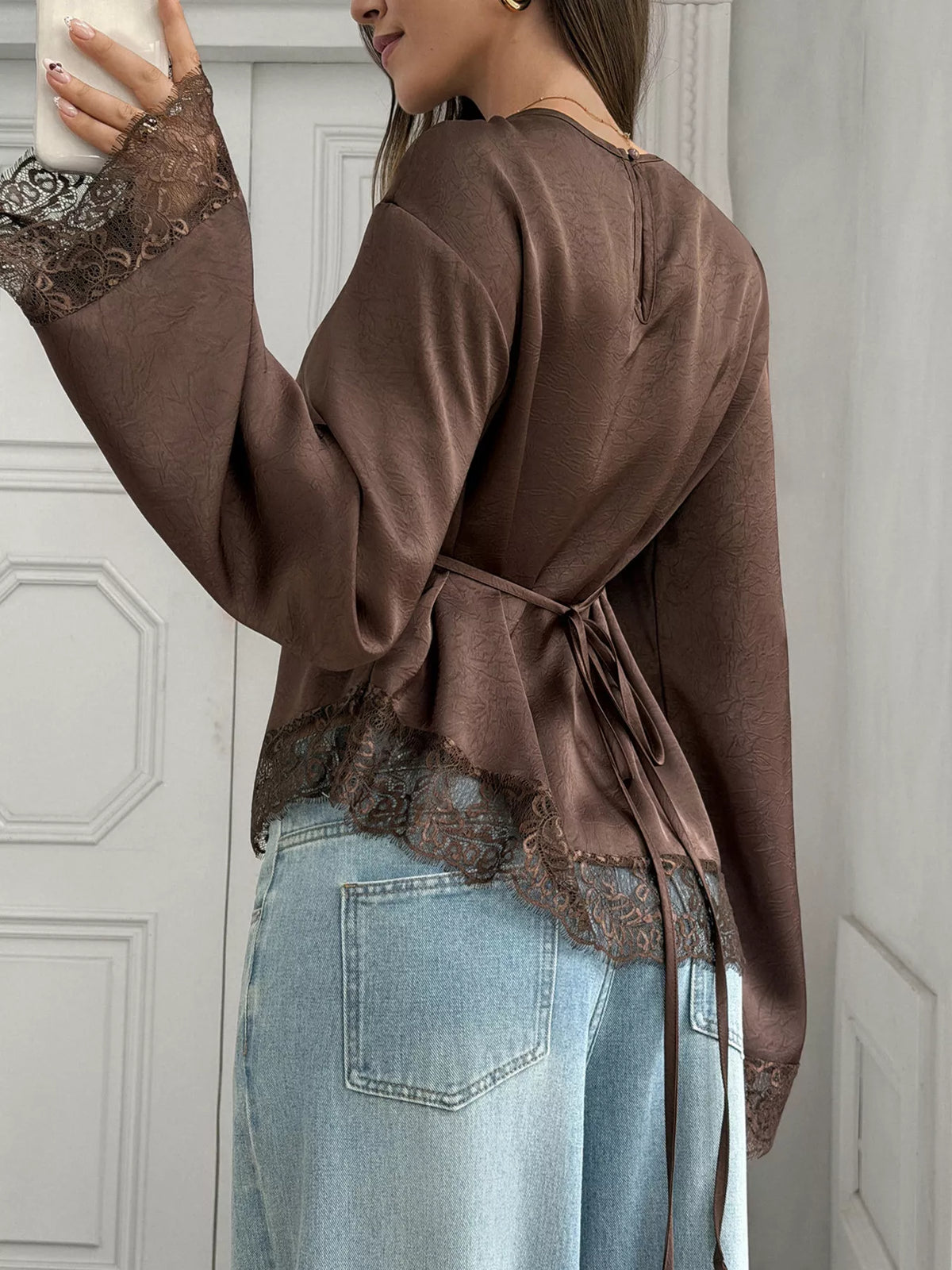 Lace Trim Flare Sleeves Satin Blouse