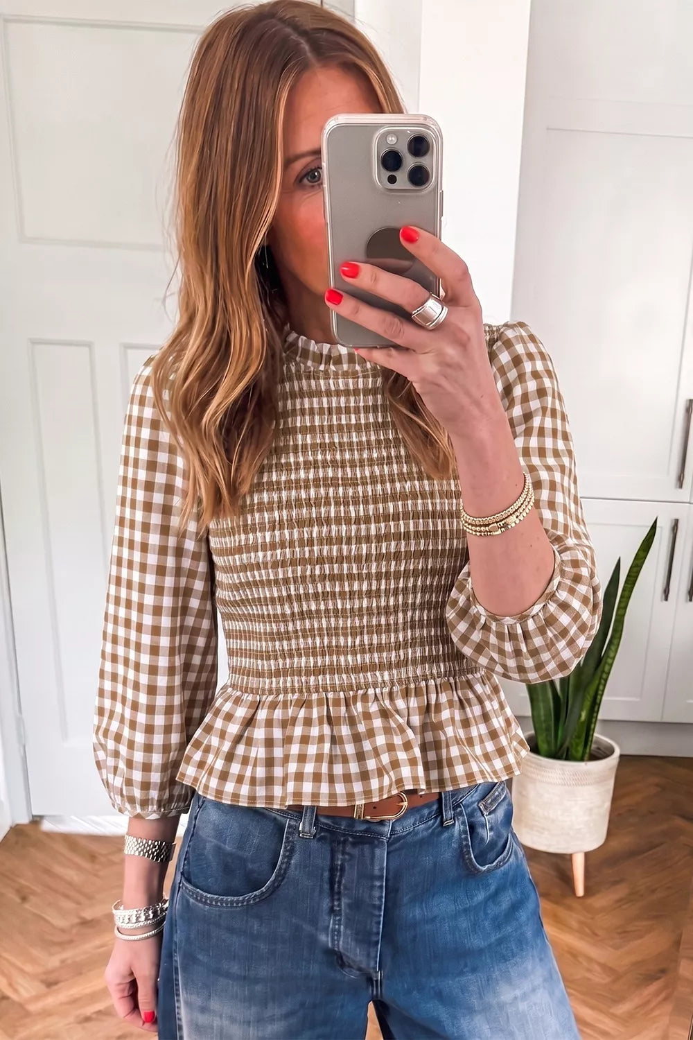 Gingham Smocked Ruffled Hem Blouse in Mocha, view 3