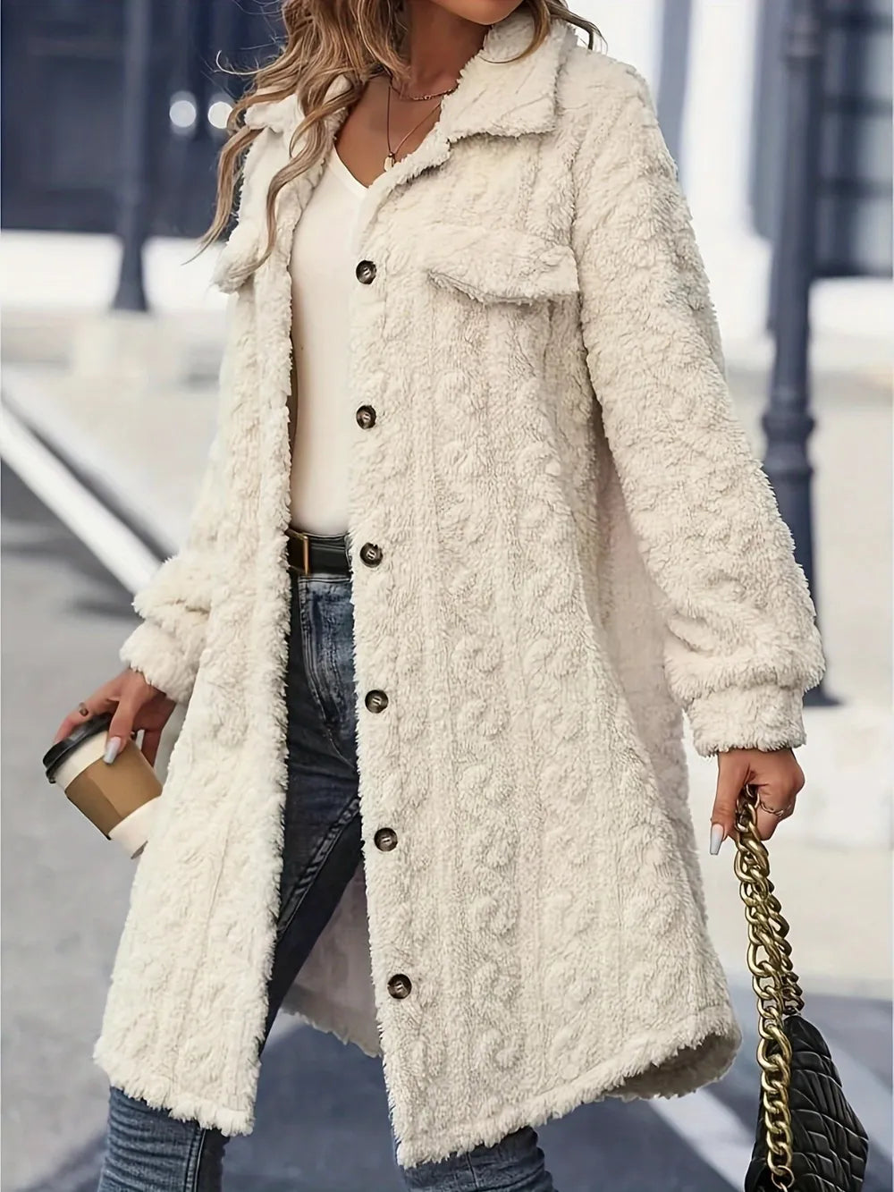 Fuzzy Button Up Long Sleeve Longline Coat in Cream, view 3