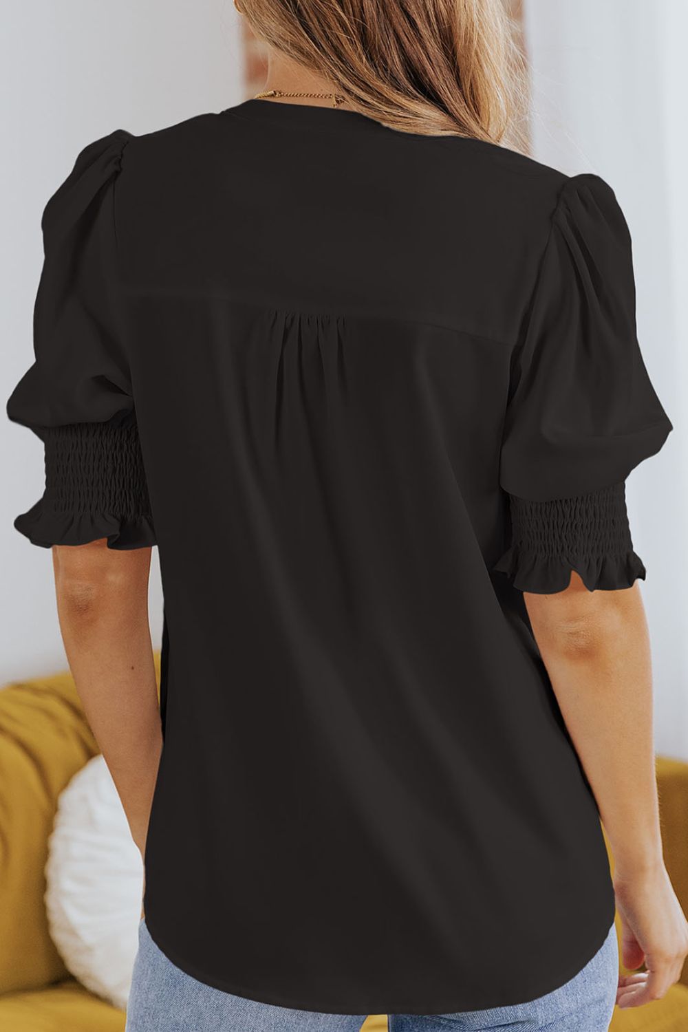 Smocked Flounce Sleeve Notched Neck Blouse, view 13