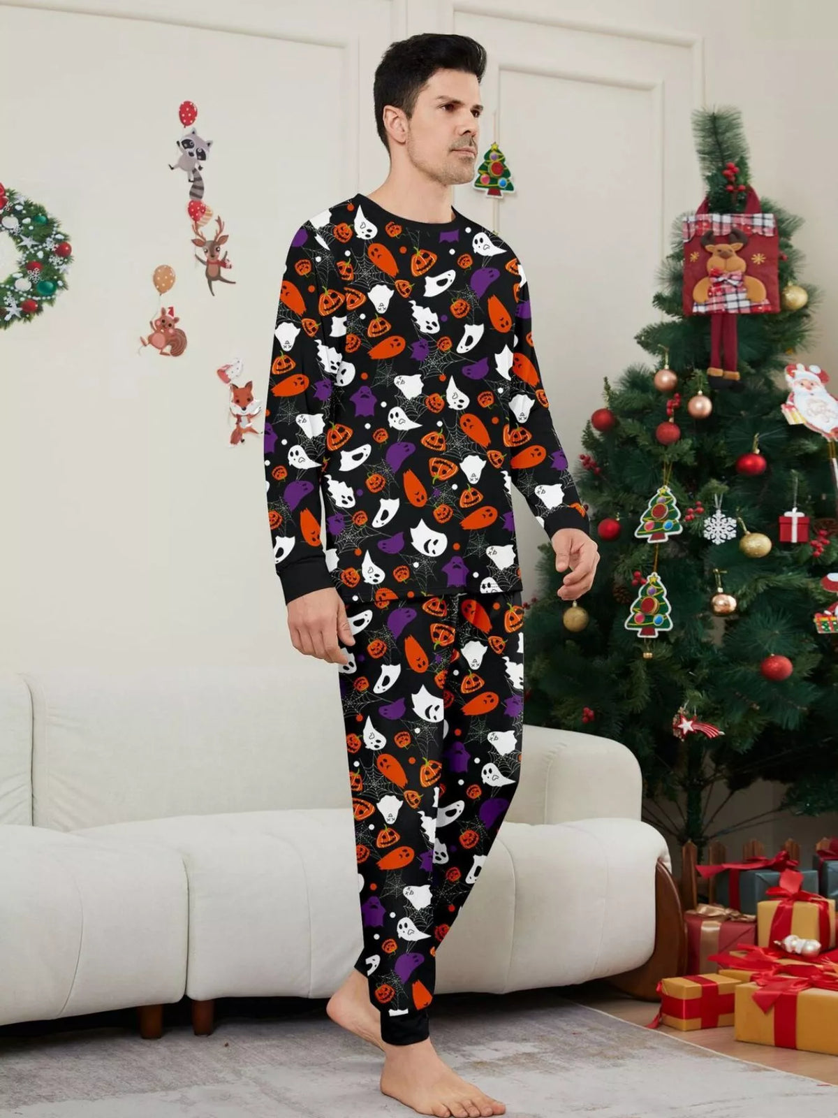 Full Size Halloween Themed Family Matching Pajama Set with Ghost and Pumpkin Print Plus Size