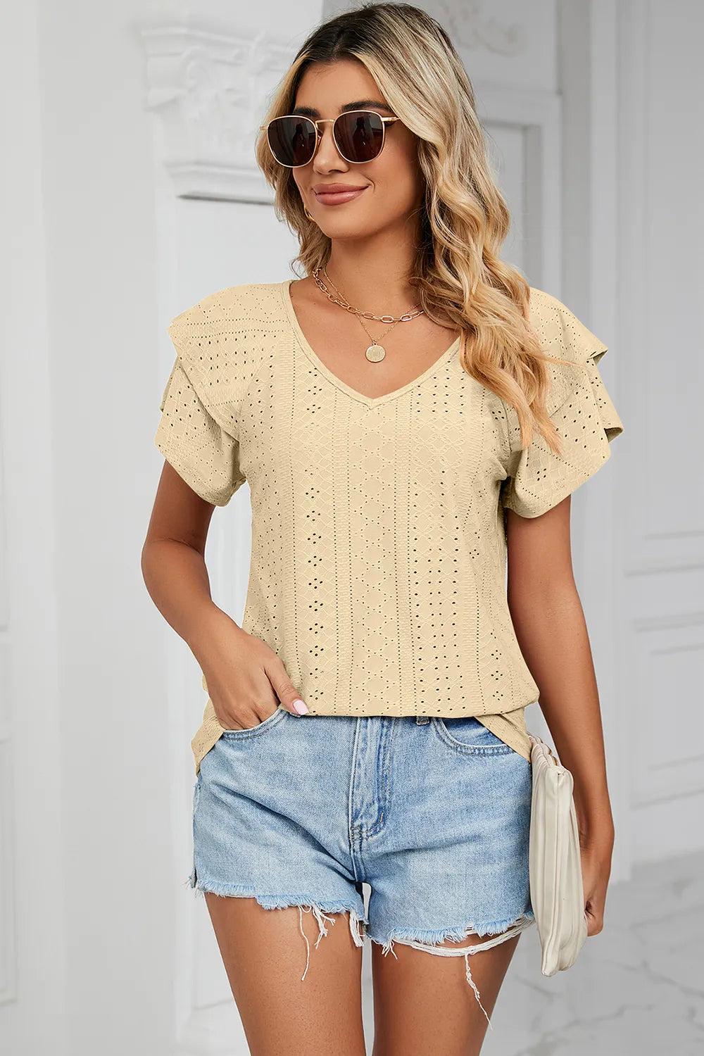 Eyelet V-Neck Short Sleeve T-Shirt - Lilixa.store