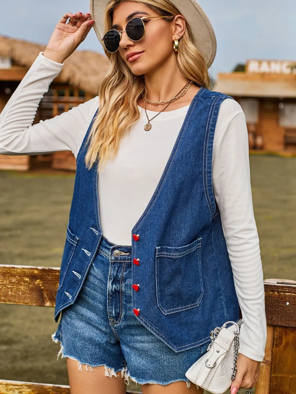 Pocketed Button Up Sleeveless Denim Jacket in Dark Blue, view 3