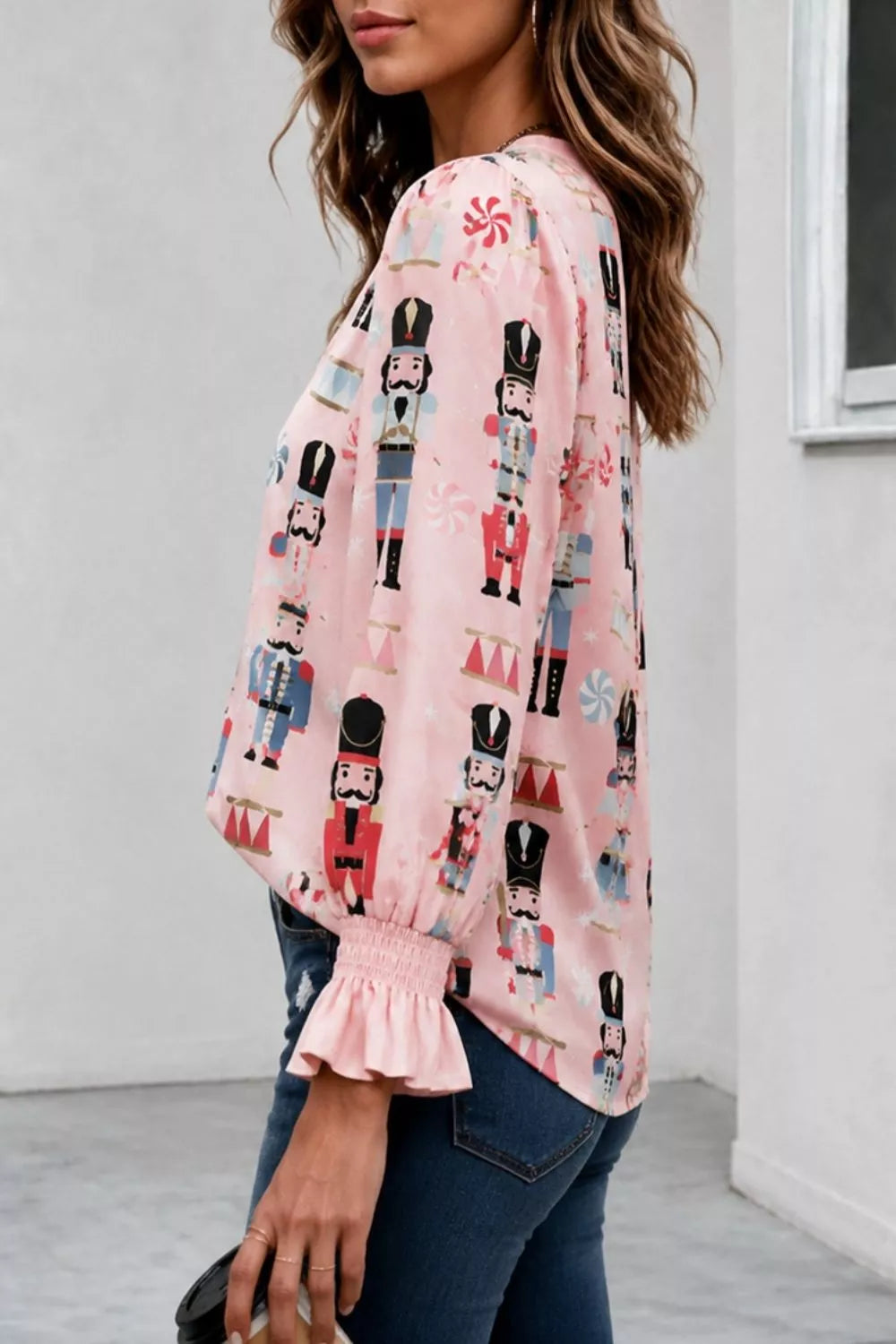 Nutcracker Print Notched Flounce Sleeve Blouse in Blush Pink, view 5